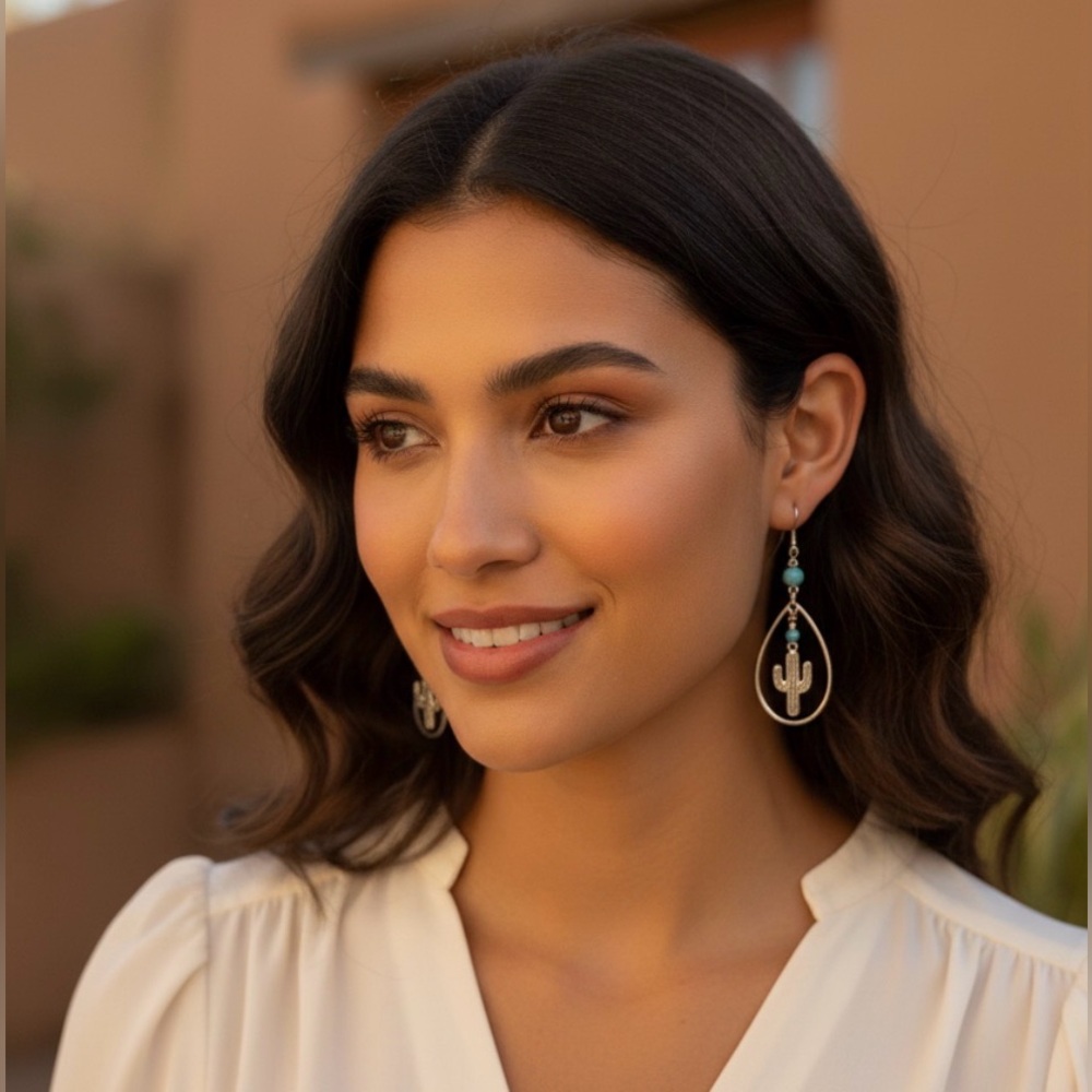Silver Tone Earrings with Turquoise Glass Beads Teardrop Oval Shaped with Cactus